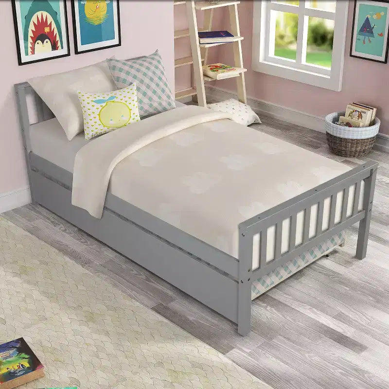 Letto a piattaforma singolo con letto estraibile con testiera pediera grigio per camera da letto