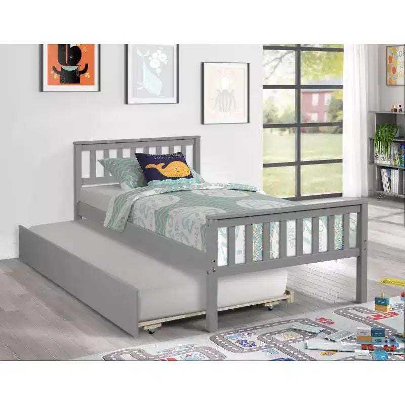 Letto a piattaforma singolo con letto estraibile con testiera pediera grigio per camera da letto