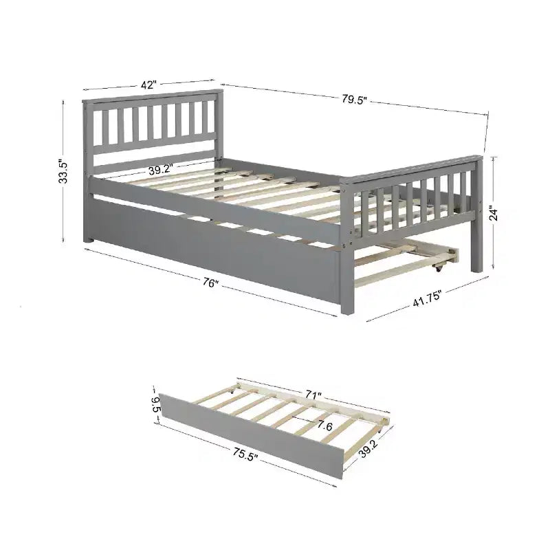 Letto a piattaforma singolo con letto estraibile con testiera pediera grigio per camera da letto