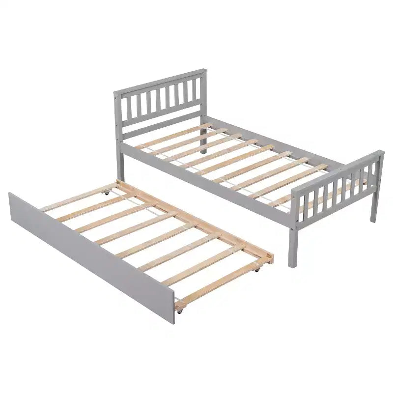 Letto a piattaforma singolo con letto estraibile con testiera pediera grigio per camera da letto