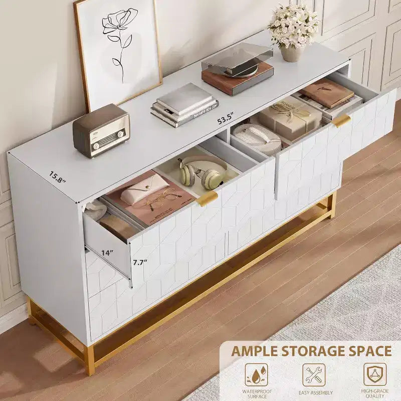 Comò per camera da letto, cassettiera grande da 136 cm, 6 cassetti con maniglia e gambe in metallo dorato, cassettiera moderna, cassettiere grigie con cassetti