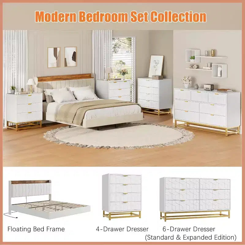 Comò per camera da letto, cassettiera grande da 136 cm, 6 cassetti con maniglia e gambe in metallo dorato, cassettiera moderna, cassettiere grigie con cassetti