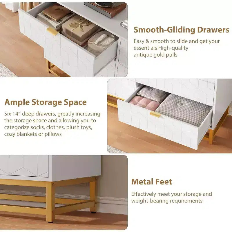Comò per camera da letto, cassettiera grande da 136 cm, 6 cassetti con maniglia e gambe in metallo dorato, cassettiera moderna, cassettiere grigie con cassetti