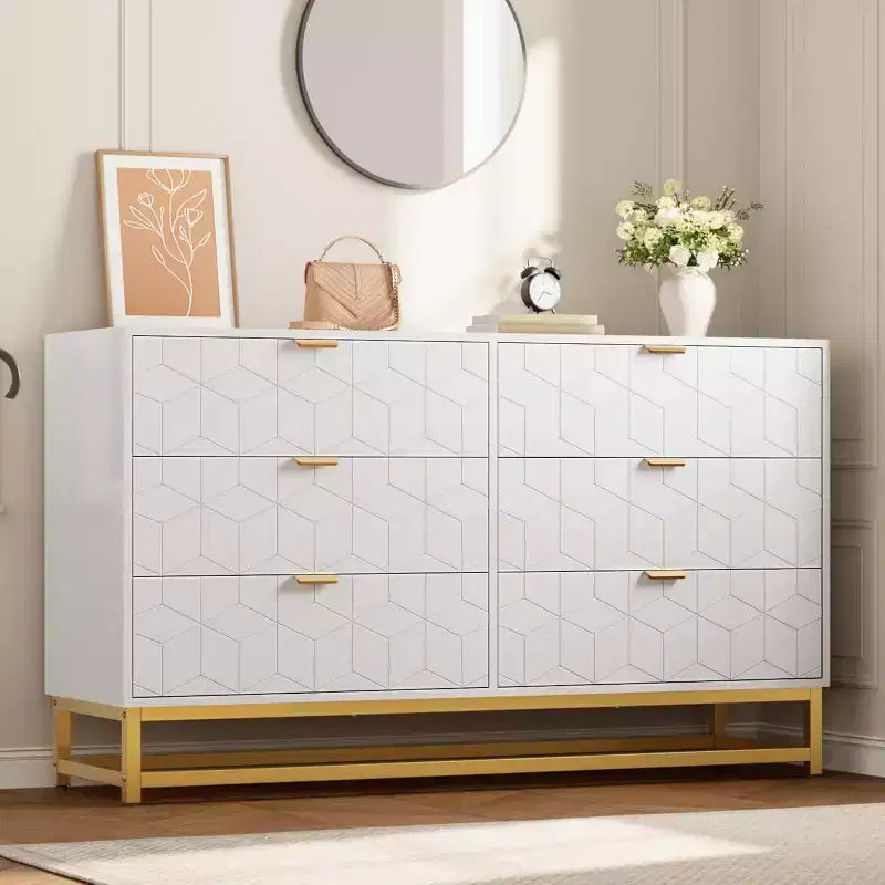 Comò per camera da letto, cassettiera grande da 136 cm, 6 cassetti con maniglia e gambe in metallo dorato, cassettiera moderna, cassettiere grigie con cassetti