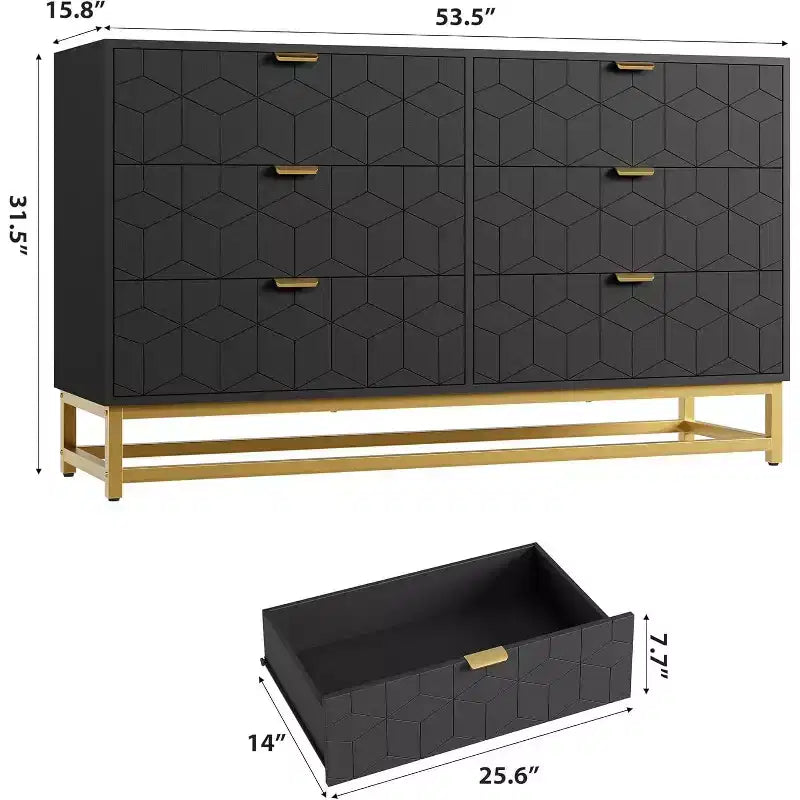 Comò per camera da letto, cassettiera grande da 136 cm, 6 cassetti con maniglia e gambe in metallo dorato, cassettiera moderna, cassettiere grigie con cassetti