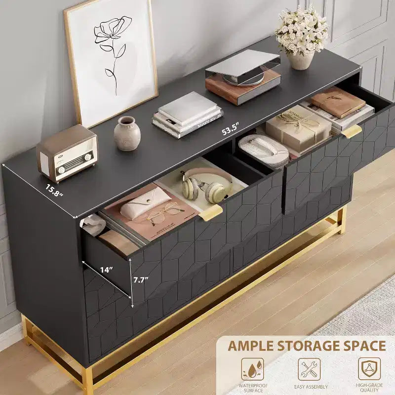 Comò per camera da letto, cassettiera grande da 136 cm, 6 cassetti con maniglia e gambe in metallo dorato, cassettiera moderna, cassettiere grigie con cassetti