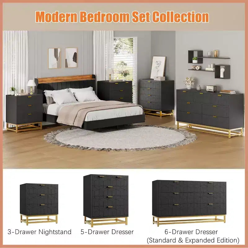 Comò per camera da letto, cassettiera grande da 136 cm, 6 cassetti con maniglia e gambe in metallo dorato, cassettiera moderna, cassettiere grigie con cassetti
