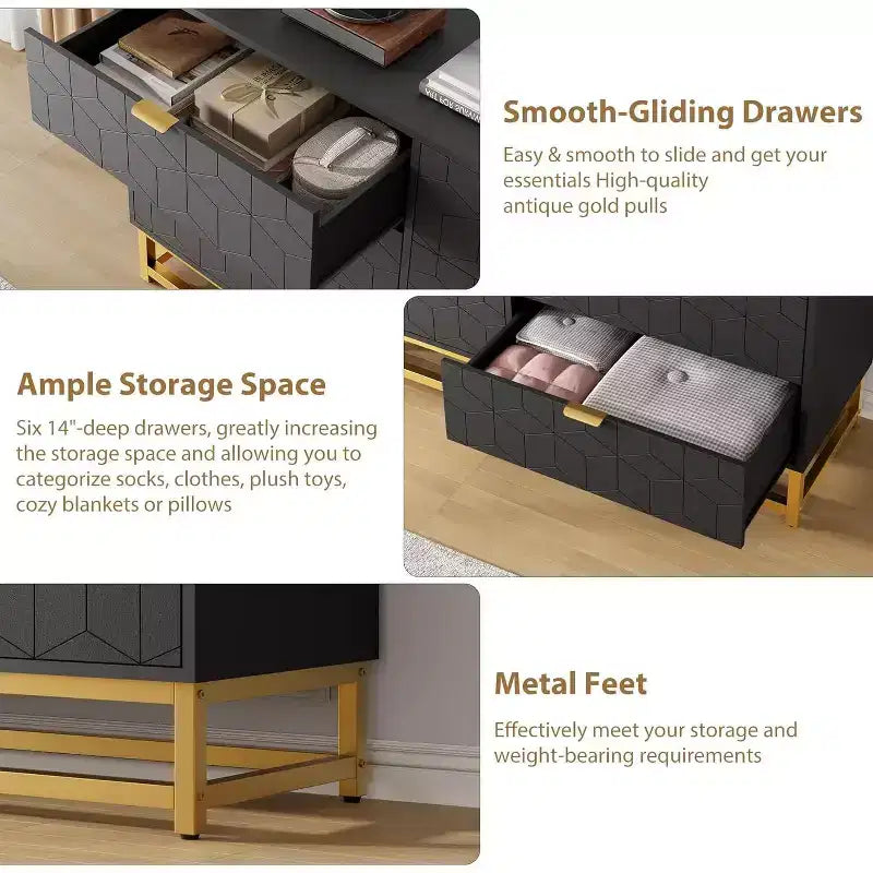 Comò per camera da letto, cassettiera grande da 136 cm, 6 cassetti con maniglia e gambe in metallo dorato, cassettiera moderna, cassettiere grigie con cassetti
