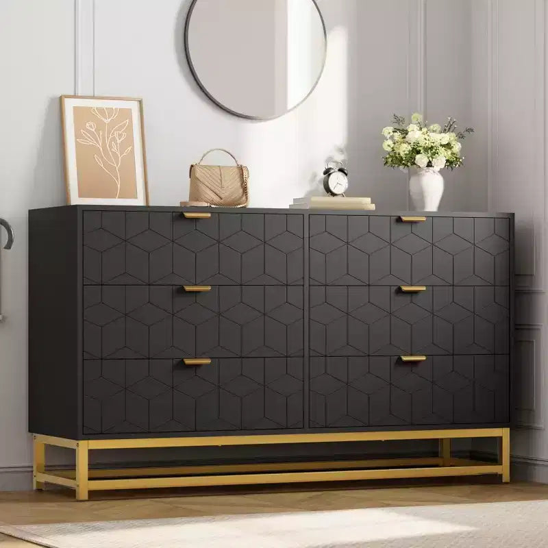 Comò per camera da letto, cassettiera grande da 136 cm, 6 cassetti con maniglia e gambe in metallo dorato, cassettiera moderna, cassettiere grigie con cassetti