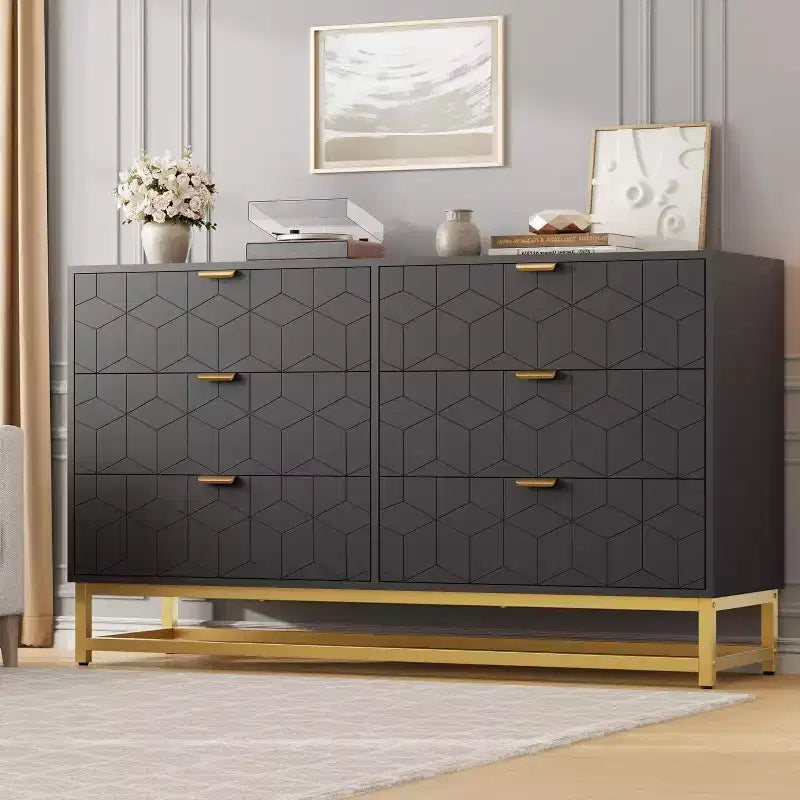 Comò per camera da letto, cassettiera grande da 136 cm, 6 cassetti con maniglia e gambe in metallo dorato, cassettiera moderna, cassettiere grigie con cassetti