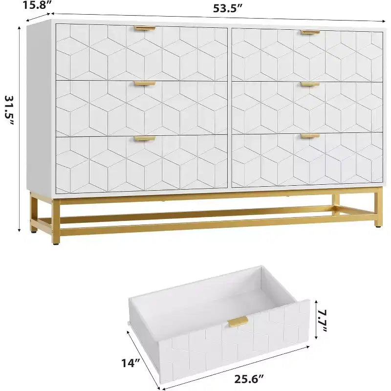 Comò per camera da letto, cassettiera grande da 136 cm, 6 cassetti con maniglia e gambe in metallo dorato, cassettiera moderna, cassettiere grigie con cassetti