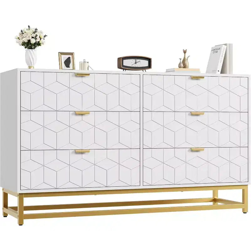 Comò per camera da letto, cassettiera grande da 136 cm, 6 cassetti con maniglia e gambe in metallo dorato, cassettiera moderna, cassettiere grigie con cassetti