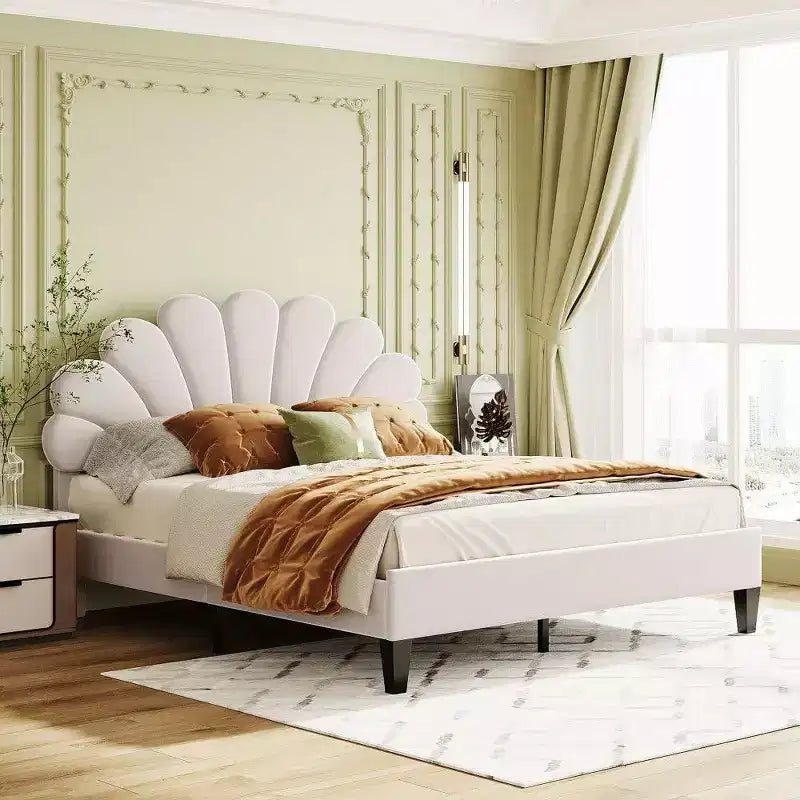 Acekool Queen Size Velvet Platform Bed with Floral Headboard, Upholstered Frame, Wood Slats Support, No Box Spring Needed, Pink