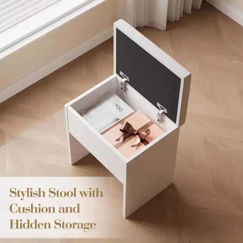Tocador con specchio e luci, tavolino da trucco con prese di corrente con cassetti e mobiletto, sgabello contenitore, toletta per camera da letto