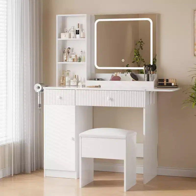Tocador con specchio e luci, tavolino da trucco con prese di corrente con cassetti e mobiletto, sgabello contenitore, toletta per camera da letto