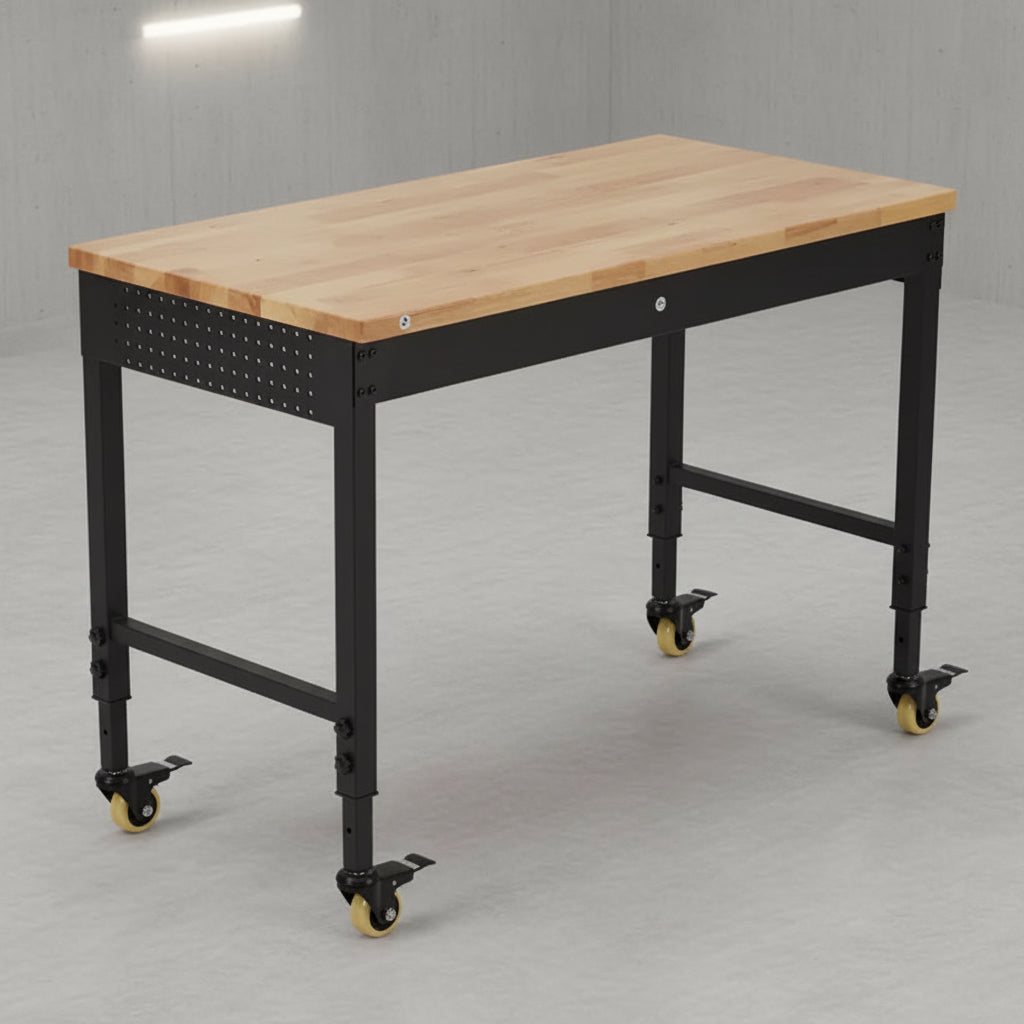 CuisinSmart 48''x24'' Adjustable Rolling Workbench, Heavy Duty Work Bench with Power Outlets, Lights, Storage Drawer, Pedboard, 30 Hooks