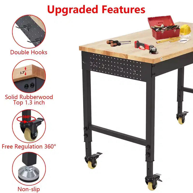 Banco da lavoro regolabile CuisinSmart 122x61 cm con ruote, banco da lavoro resistente con prese di corrente, luci, cassetto, pannello forato, 30 ganci