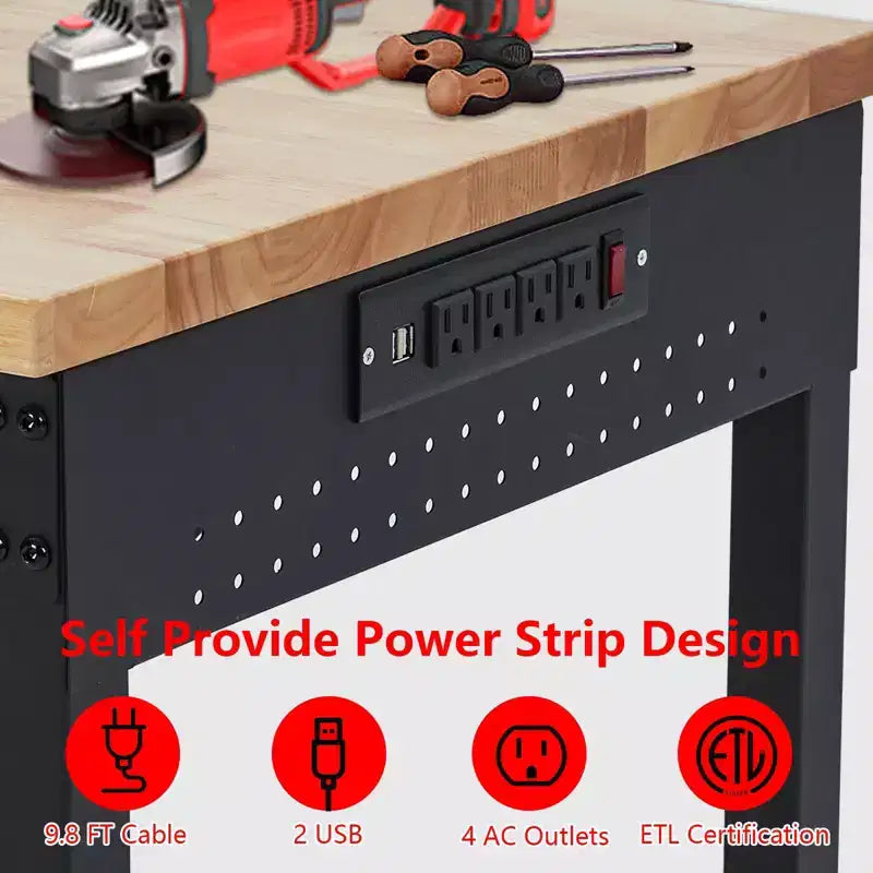 Banco da lavoro regolabile CuisinSmart 122x61 cm con ruote, banco da lavoro resistente con prese di corrente, luci, cassetto, pannello forato, 30 ganci