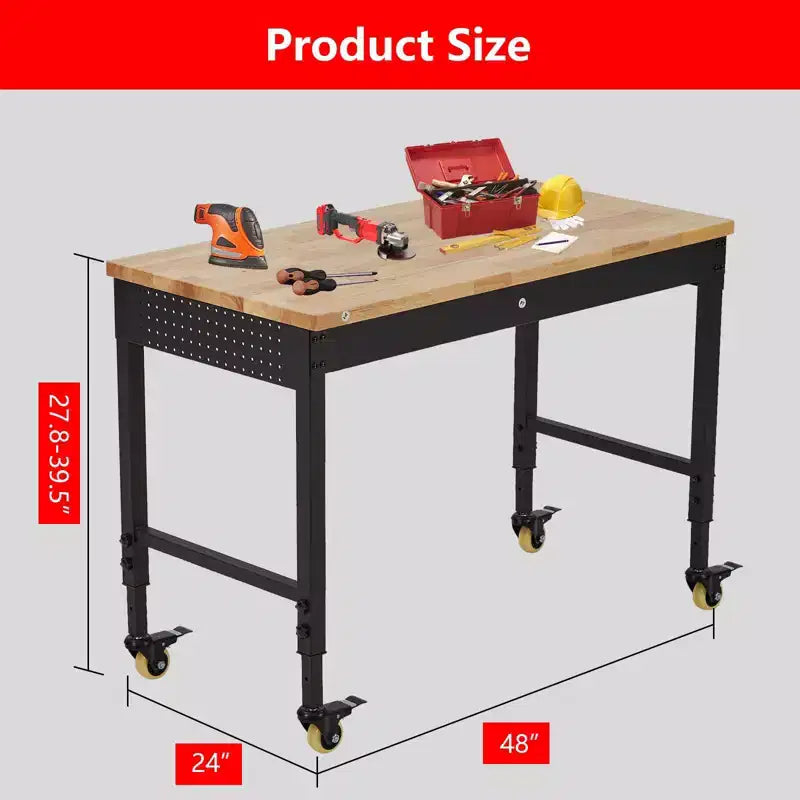 Banco da lavoro regolabile CuisinSmart 122x61 cm con ruote, banco da lavoro resistente con prese di corrente, luci, cassetto, pannello forato, 30 ganci