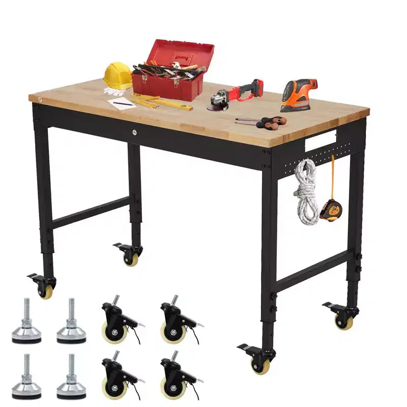 Banco da lavoro regolabile CuisinSmart 122x61 cm con ruote, banco da lavoro resistente con prese di corrente, luci, cassetto, pannello forato, 30 ganci