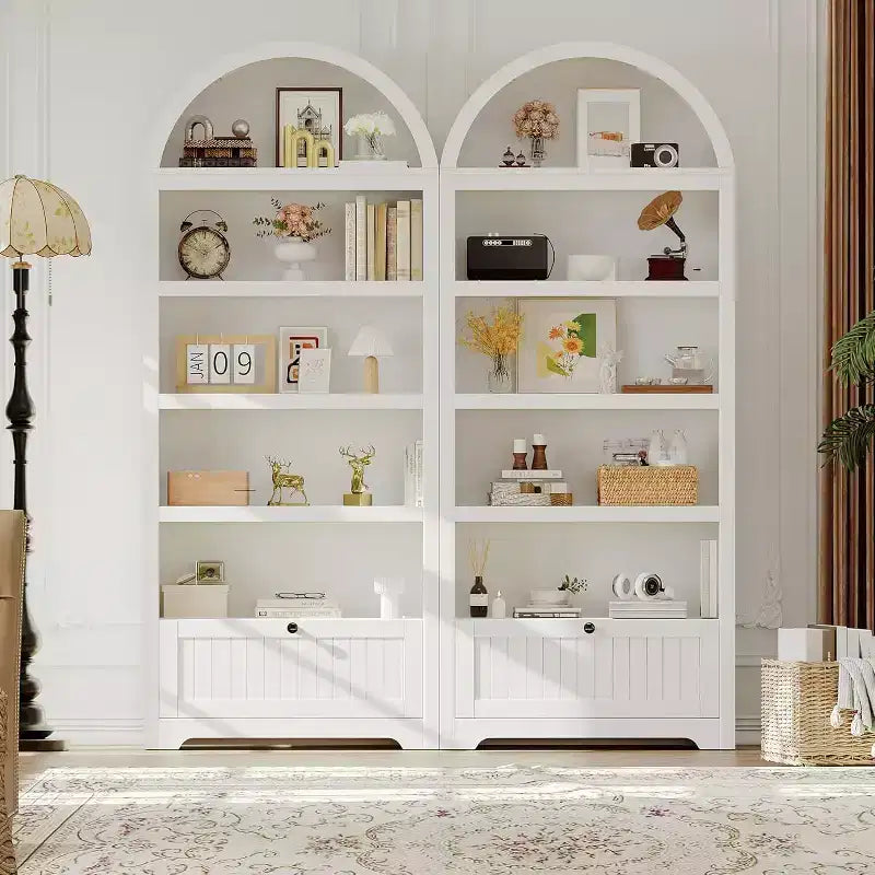 Mobile dispensa alto 72" ad arco in legno, dispensa da cucina e libreria a 5 livelli con ante e ripiani, noce, per soggiorno, cucina, studio