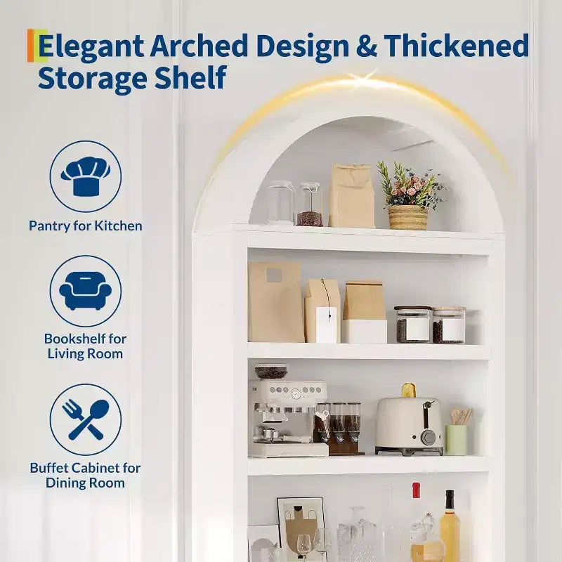 Mobile dispensa alto 72" ad arco in legno, dispensa da cucina e libreria a 5 livelli con ante e ripiani, noce, per soggiorno, cucina, studio