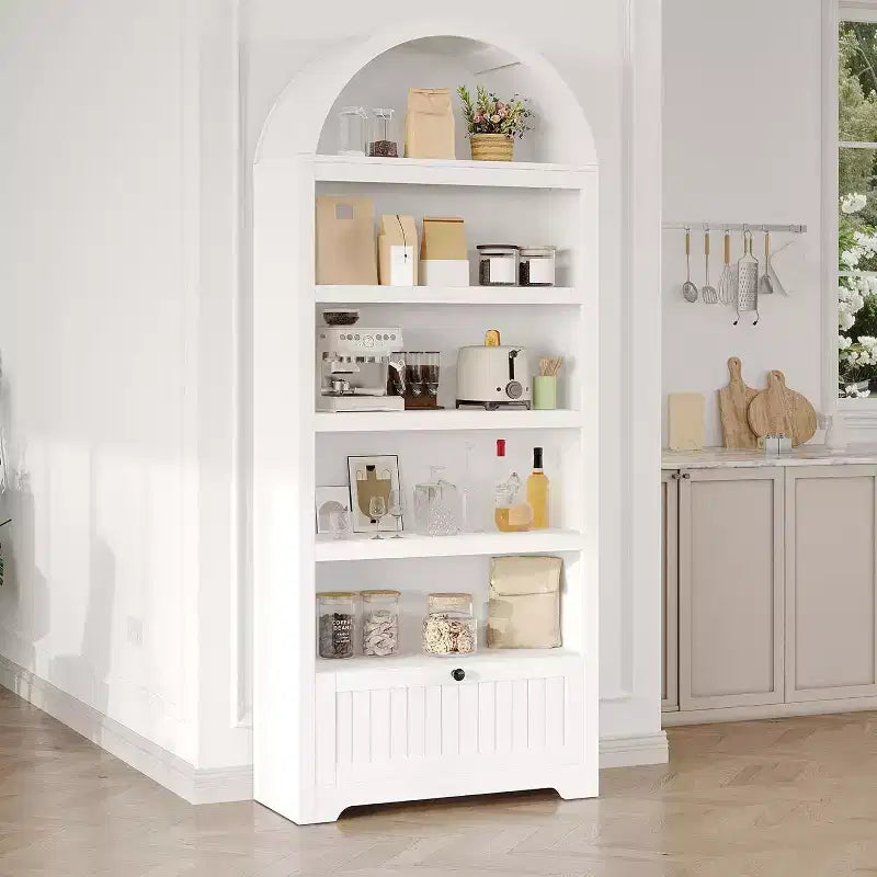 Mobile dispensa alto 72" ad arco in legno, dispensa da cucina e libreria a 5 livelli con ante e ripiani, noce, per soggiorno, cucina, studio