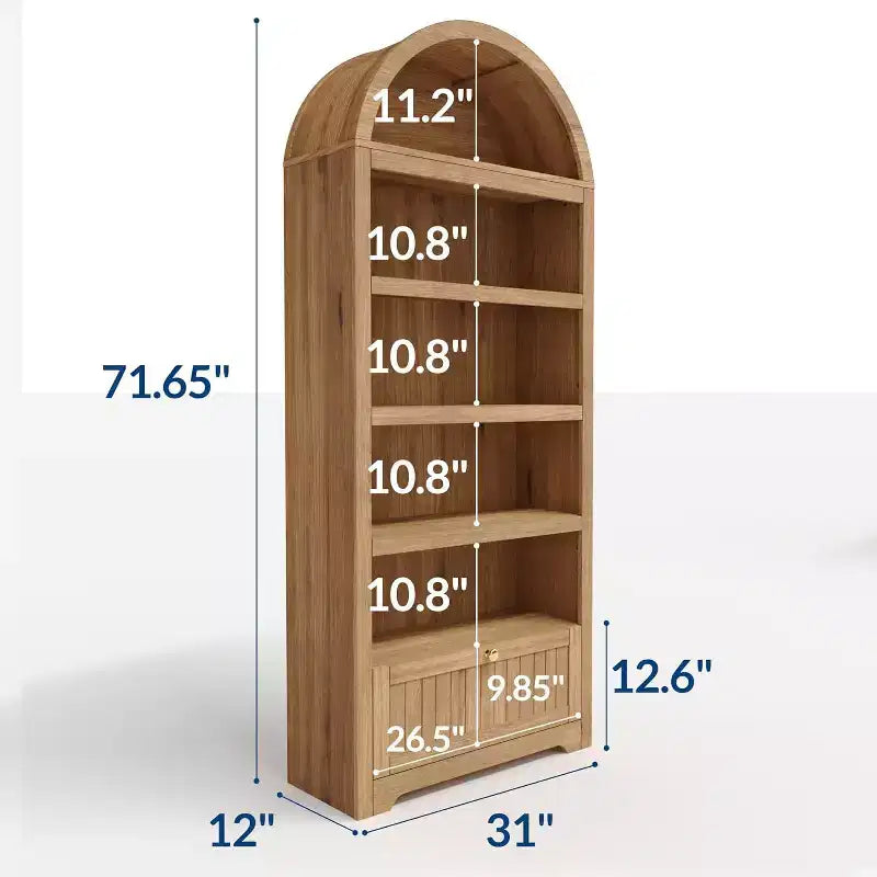 Mobile dispensa alto 72" ad arco in legno, dispensa da cucina e libreria a 5 livelli con ante e ripiani, noce, per soggiorno, cucina, studio