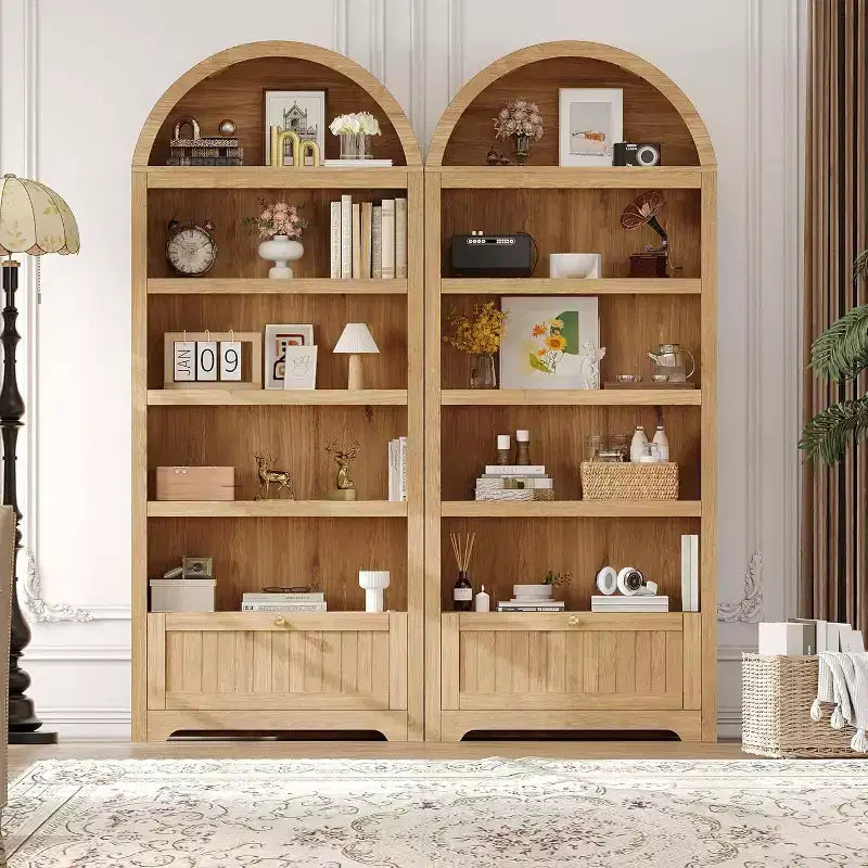 Mobile dispensa alto 72" ad arco in legno, dispensa da cucina e libreria a 5 livelli con ante e ripiani, noce, per soggiorno, cucina, studio