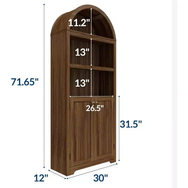 Mobile dispensa alto 72" ad arco in legno, dispensa da cucina e libreria a 5 livelli con ante e ripiani, noce, per soggiorno, cucina, studio