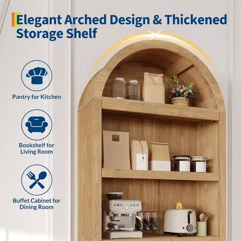 Mobile dispensa alto 72" ad arco in legno, dispensa da cucina e libreria a 5 livelli con ante e ripiani, noce, per soggiorno, cucina, studio