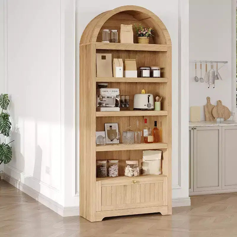 Mobile dispensa alto 72" ad arco in legno, dispensa da cucina e libreria a 5 livelli con ante e ripiani, noce, per soggiorno, cucina, studio