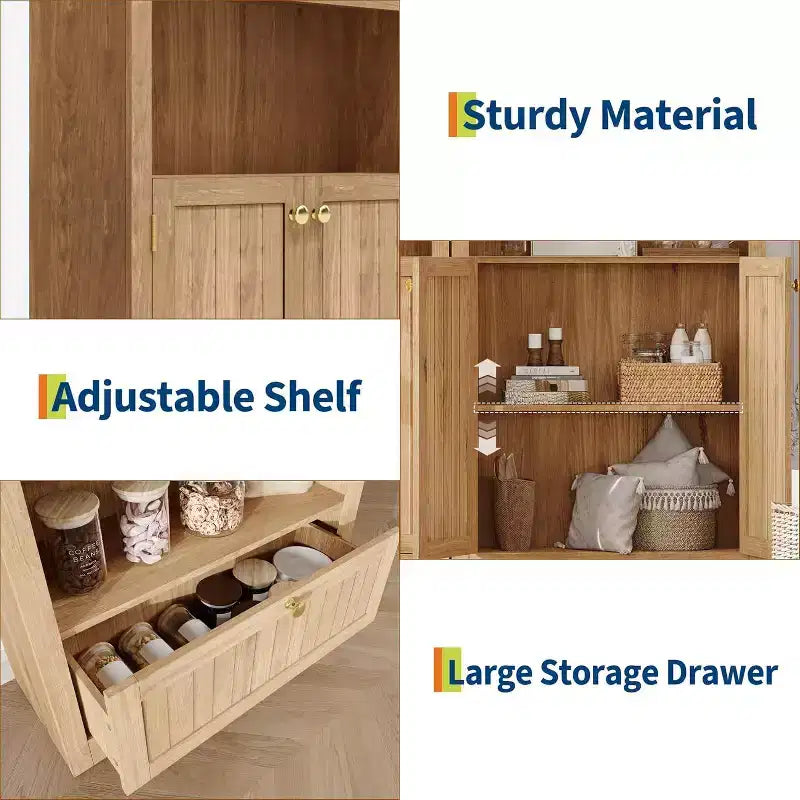 Mobile dispensa alto 72" ad arco in legno, dispensa da cucina e libreria a 5 livelli con ante e ripiani, noce, per soggiorno, cucina, studio