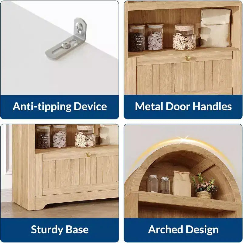 Mobile dispensa alto 72" ad arco in legno, dispensa da cucina e libreria a 5 livelli con ante e ripiani, noce, per soggiorno, cucina, studio