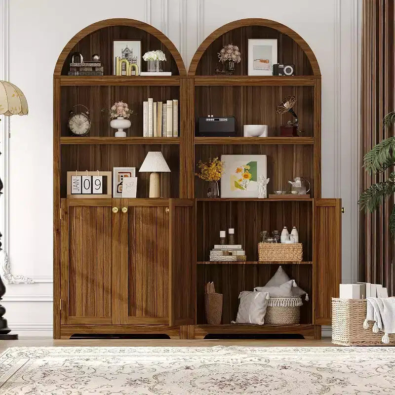 Mobile dispensa alto 72" ad arco in legno, dispensa da cucina e libreria a 5 livelli con ante e ripiani, noce, per soggiorno, cucina, studio