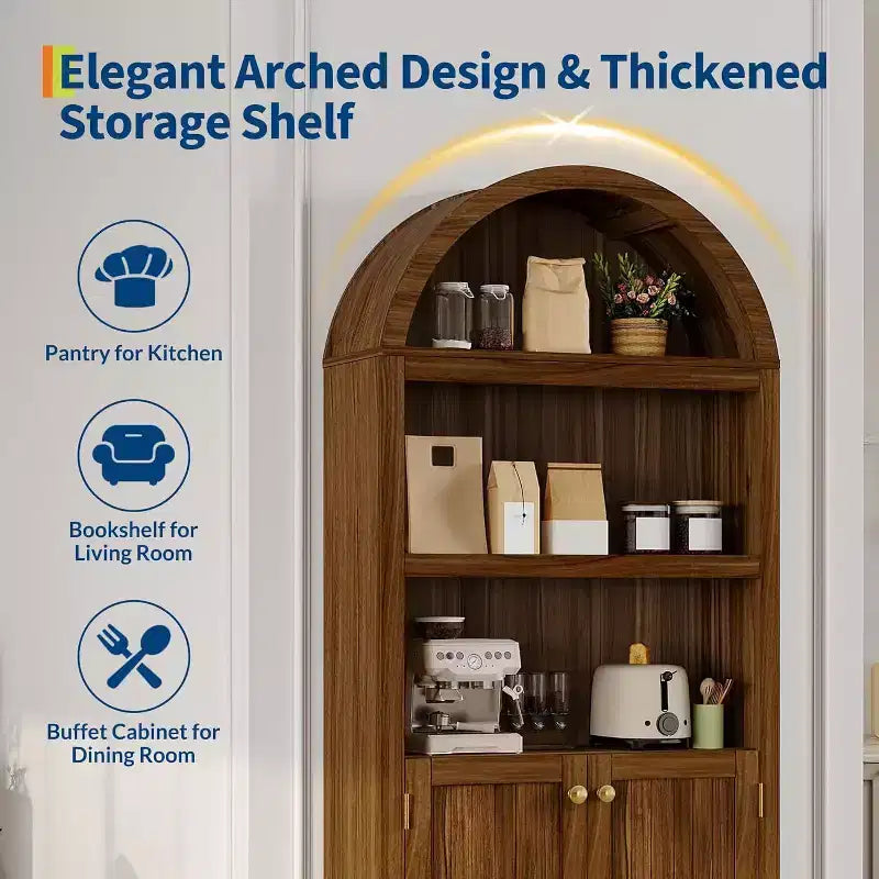 Mobile dispensa alto 72" ad arco in legno, dispensa da cucina e libreria a 5 livelli con ante e ripiani, noce, per soggiorno, cucina, studio