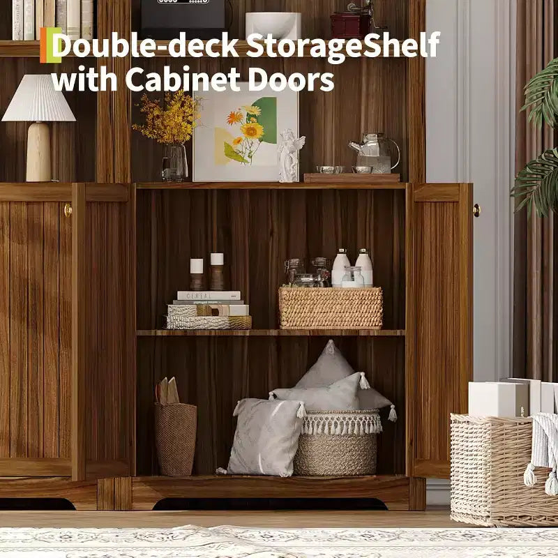 Mobile dispensa alto 72" ad arco in legno, dispensa da cucina e libreria a 5 livelli con ante e ripiani, noce, per soggiorno, cucina, studio