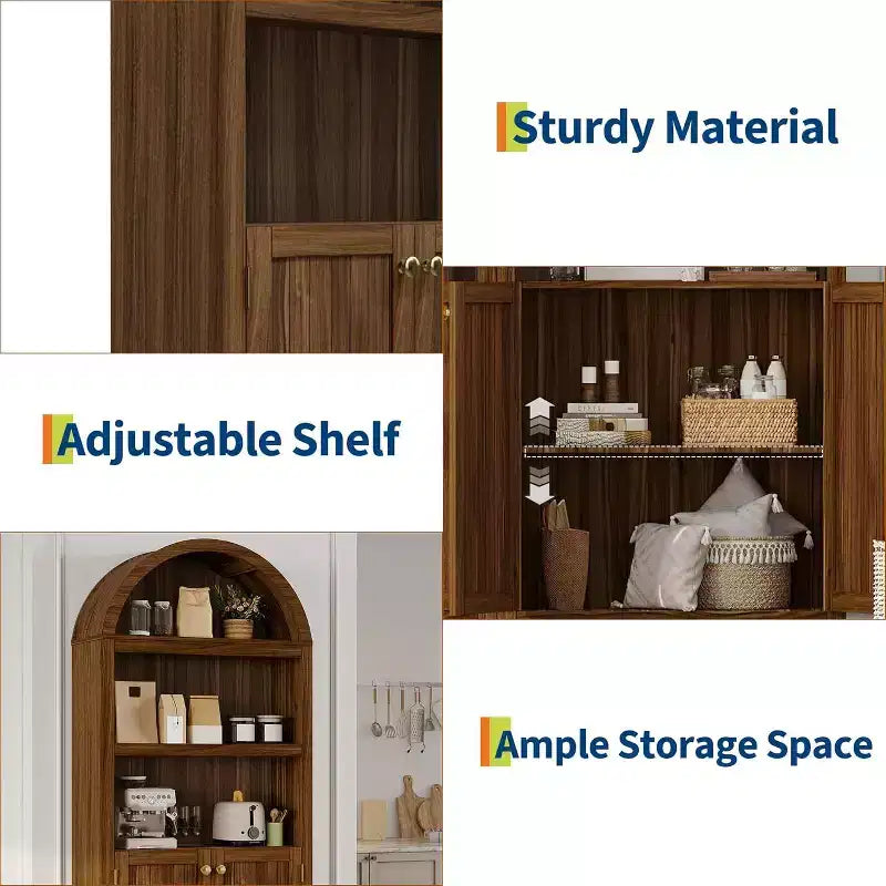 Mobile dispensa alto 72" ad arco in legno, dispensa da cucina e libreria a 5 livelli con ante e ripiani, noce, per soggiorno, cucina, studio