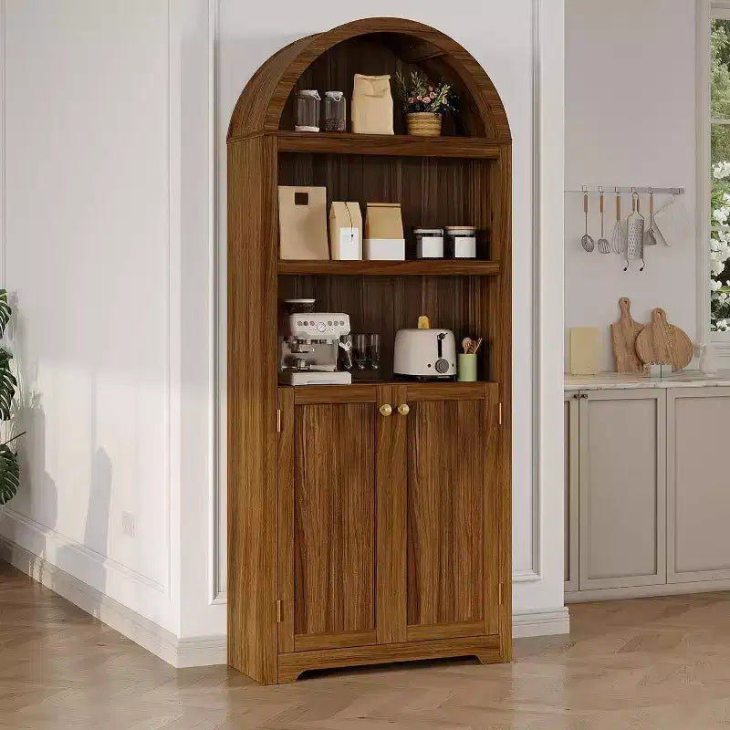 Mobile dispensa alto 72" ad arco in legno, dispensa da cucina e libreria a 5 livelli con ante e ripiani, noce, per soggiorno, cucina, studio