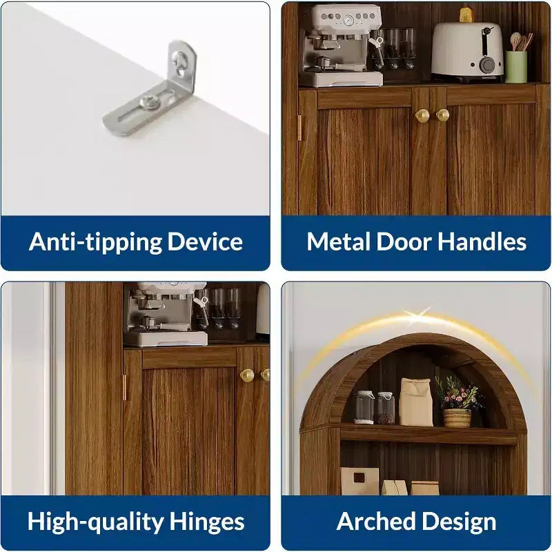 Mobile dispensa alto 72" ad arco in legno, dispensa da cucina e libreria a 5 livelli con ante e ripiani, noce, per soggiorno, cucina, studio