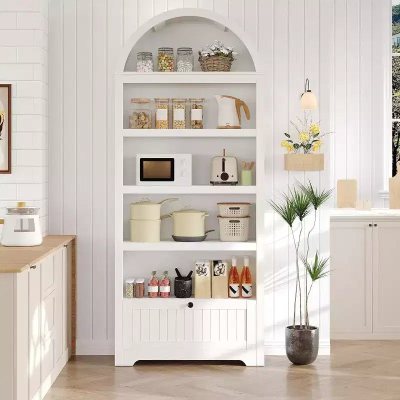 Mobile dispensa alto 72" ad arco in legno, dispensa da cucina e libreria a 5 livelli con ante e ripiani, noce, per soggiorno, cucina, studio