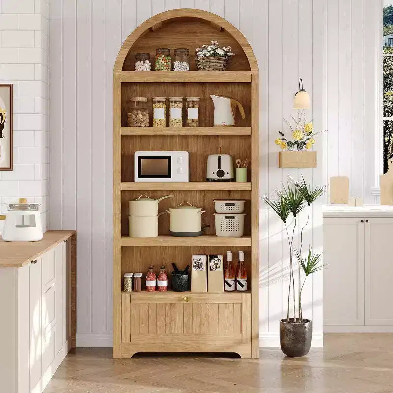 Mobile dispensa alto 72" ad arco in legno, dispensa da cucina e libreria a 5 livelli con ante e ripiani, noce, per soggiorno, cucina, studio