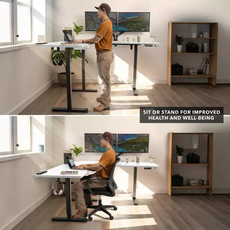 Mount-It! Scrivania ad angolo regolabile in altezza elettricamente XL, telaio nero e piano bianco