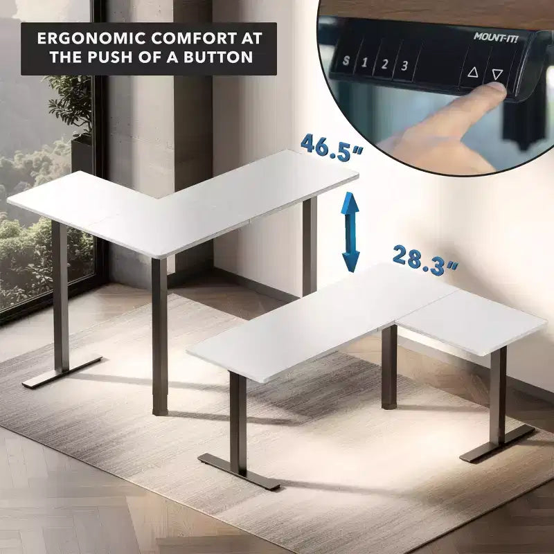 Mount-It! Scrivania ad angolo regolabile in altezza elettricamente XL, telaio nero e piano bianco