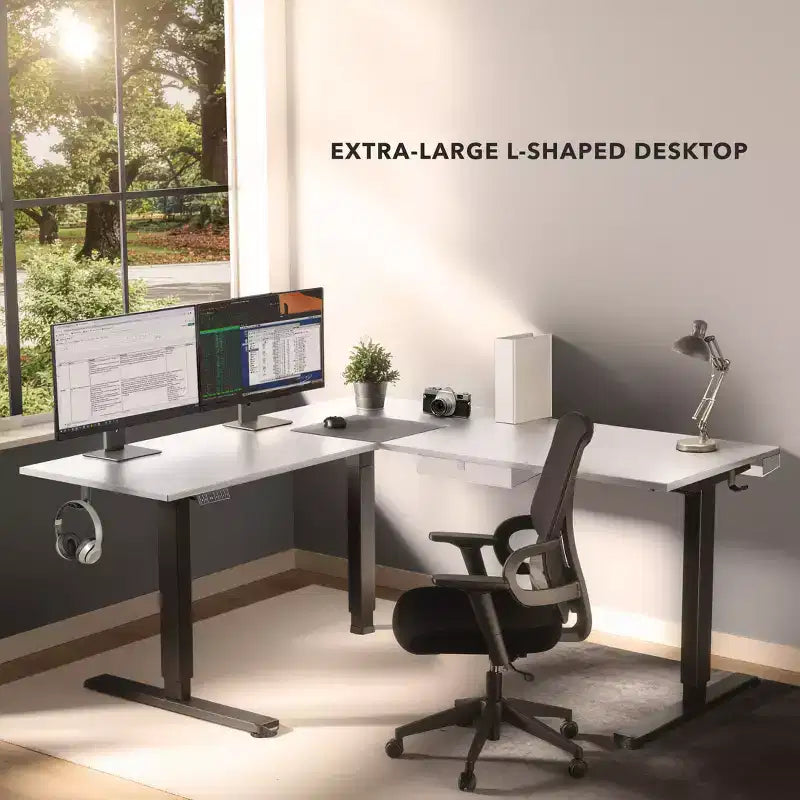 Mount-It! Scrivania ad angolo regolabile in altezza elettricamente XL, telaio nero e piano bianco