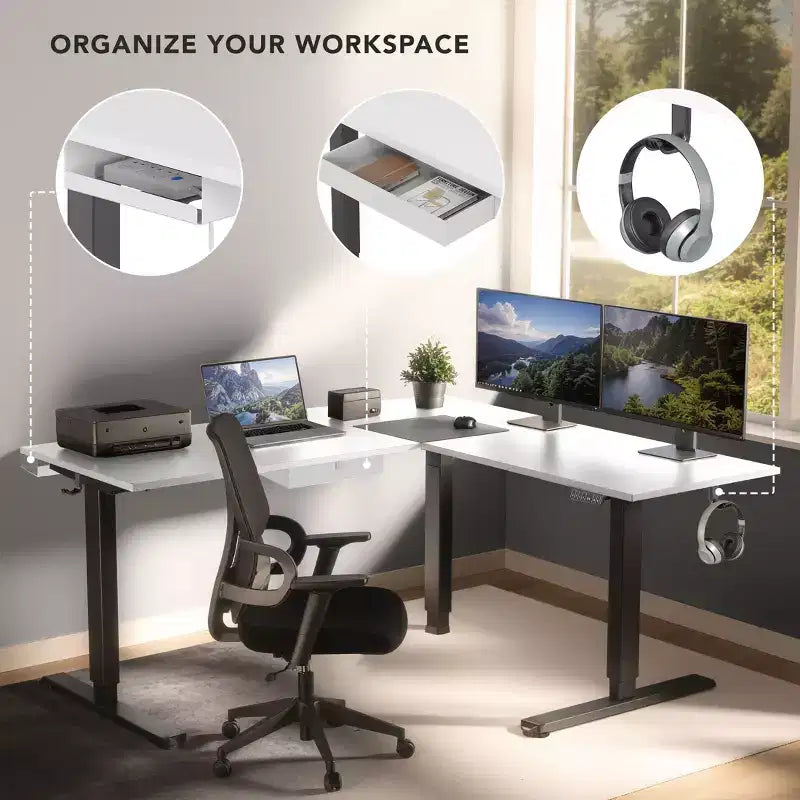 Mount-It! Scrivania ad angolo regolabile in altezza elettricamente XL, telaio nero e piano bianco