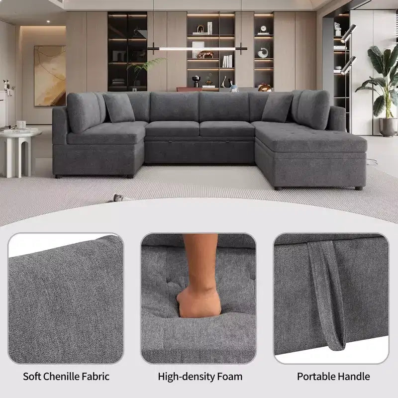 117,3 Divano Sezionale Oversize Divano a U Divano Letto Estraibile con Due Cuscini Decorativi per Soggiorno