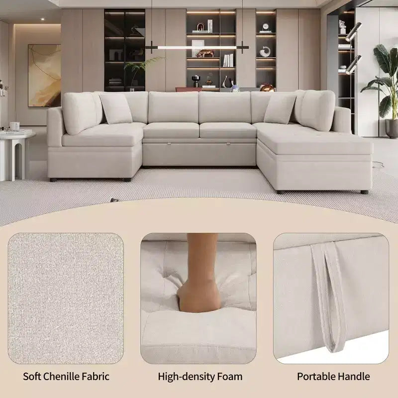 117,3 Divano Sezionale Oversize Divano a U Divano Letto Estraibile con Due Cuscini Decorativi per Soggiorno