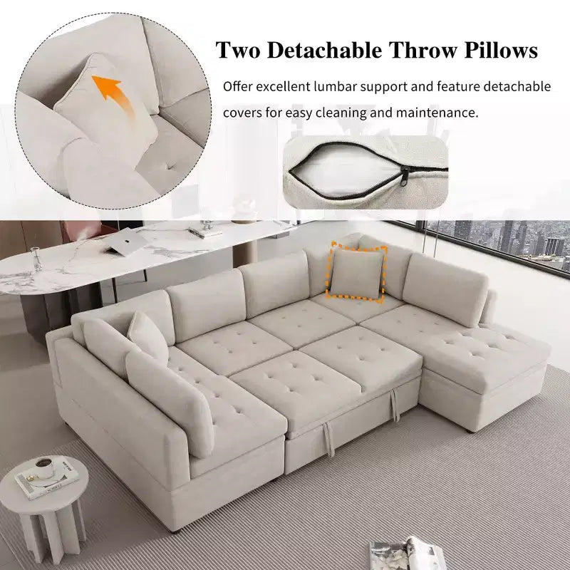 117,3 Divano Sezionale Oversize Divano a U Divano Letto Estraibile con Due Cuscini Decorativi per Soggiorno
