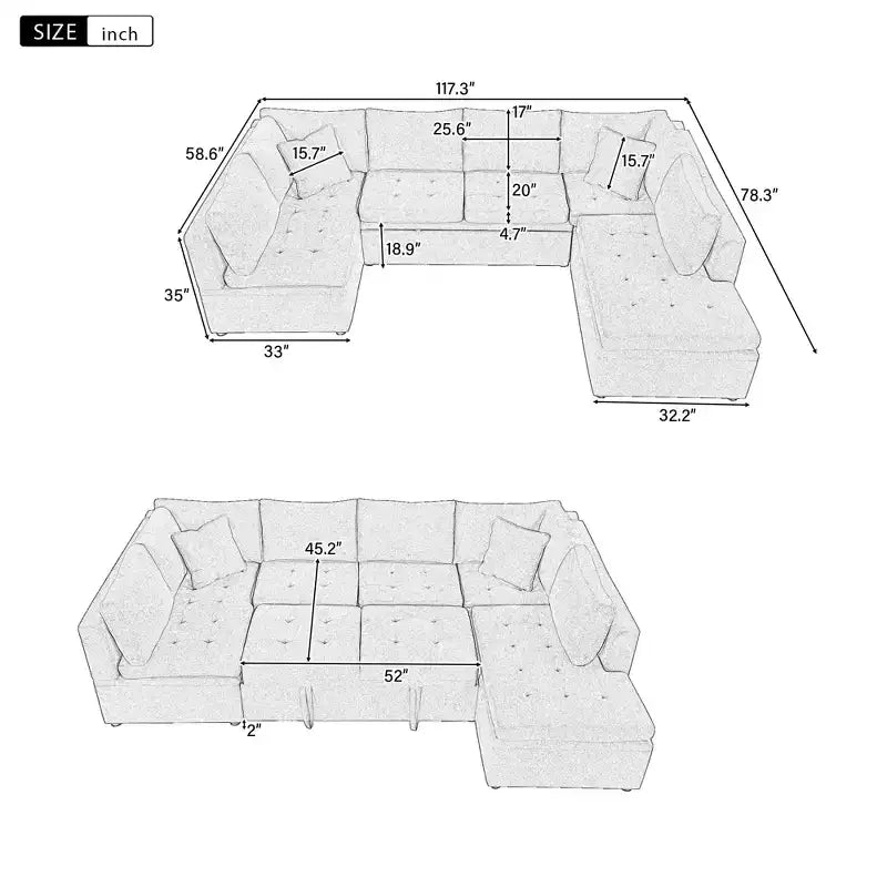117,3 Divano Sezionale Oversize Divano a U Divano Letto Estraibile con Due Cuscini Decorativi per Soggiorno